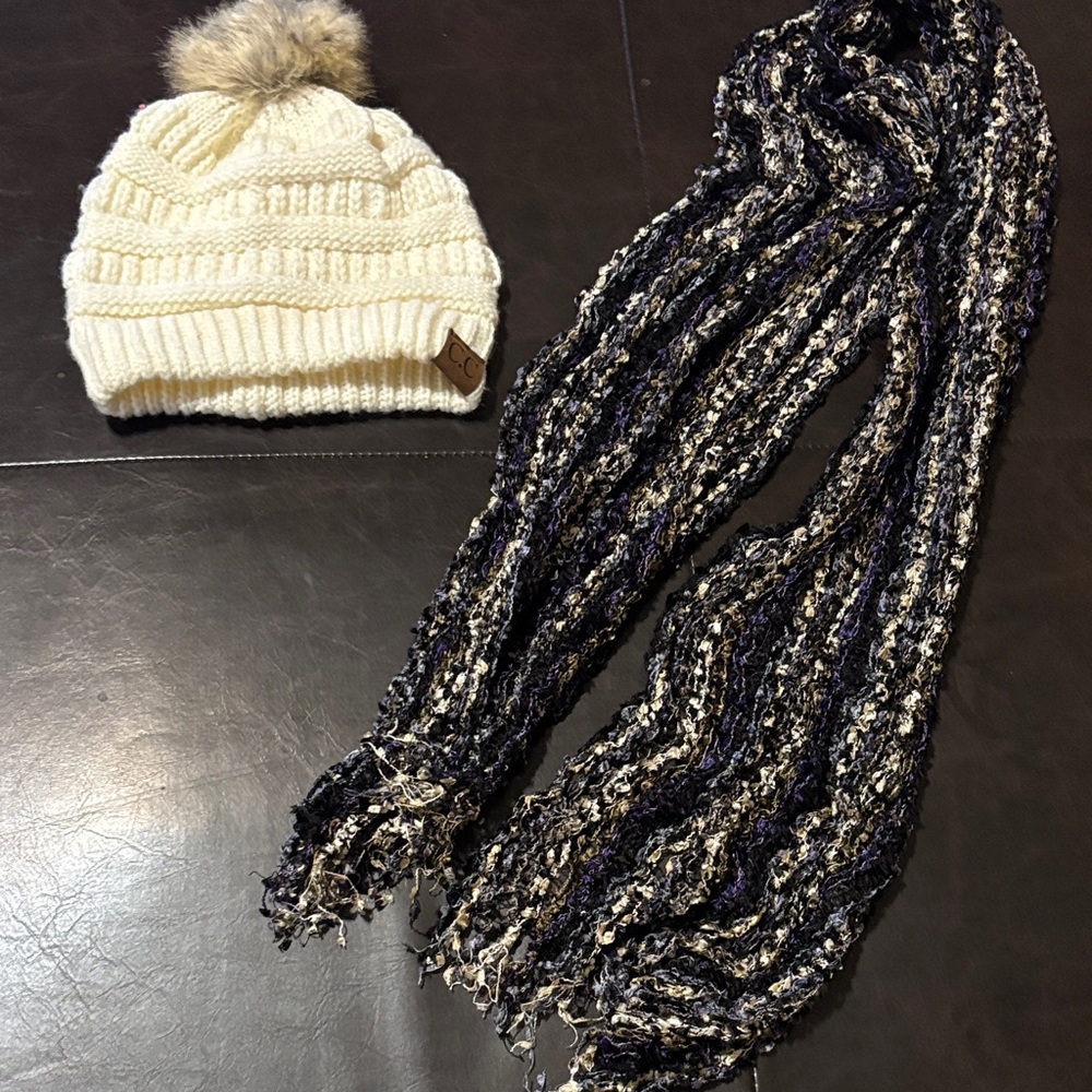 Cozy Cream Knit Beanie and Black multi color Scarf Set